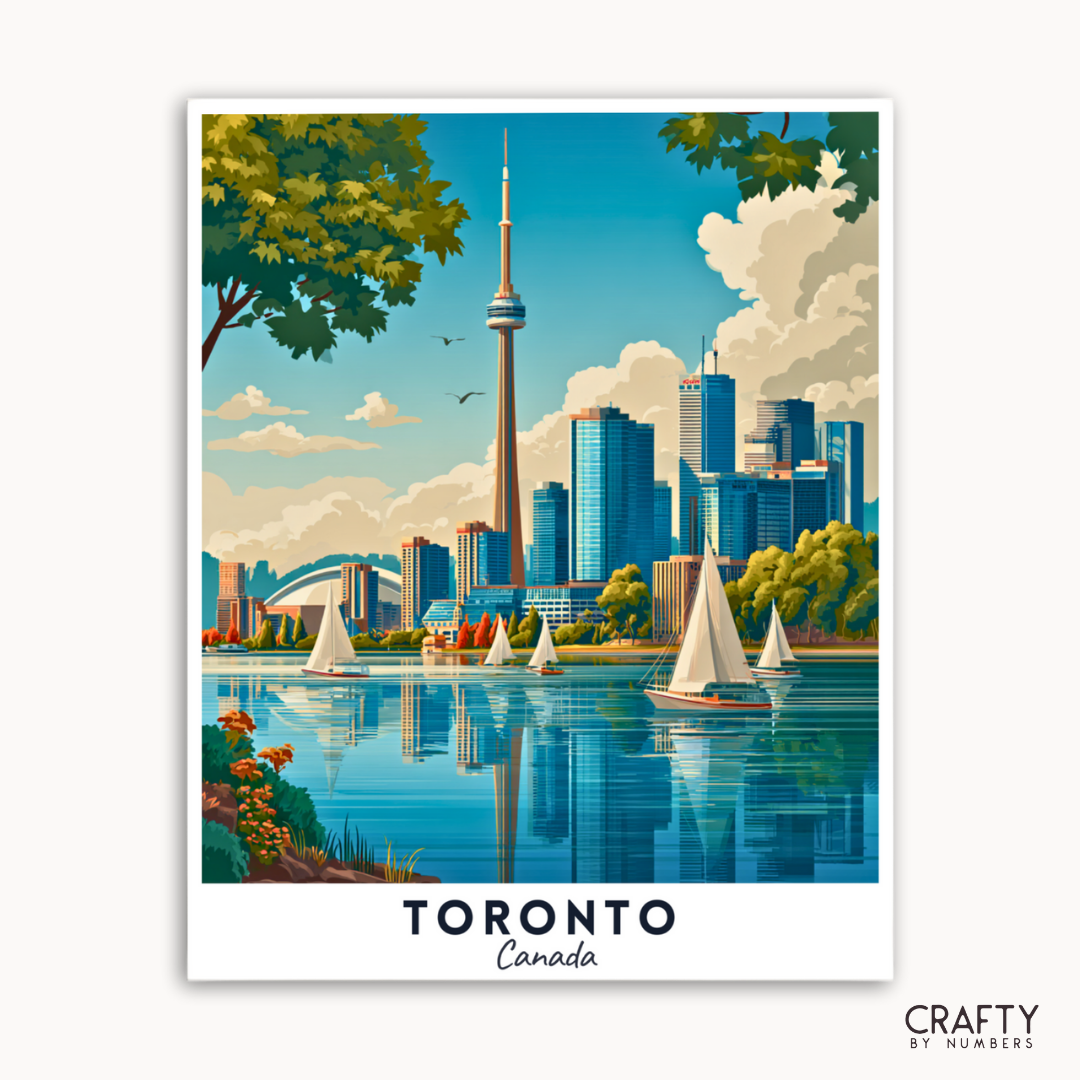 Illustration der Skyline von Toronto mit CN Tower und Seeszene, mit „Crafty by Numbers“-Branding.