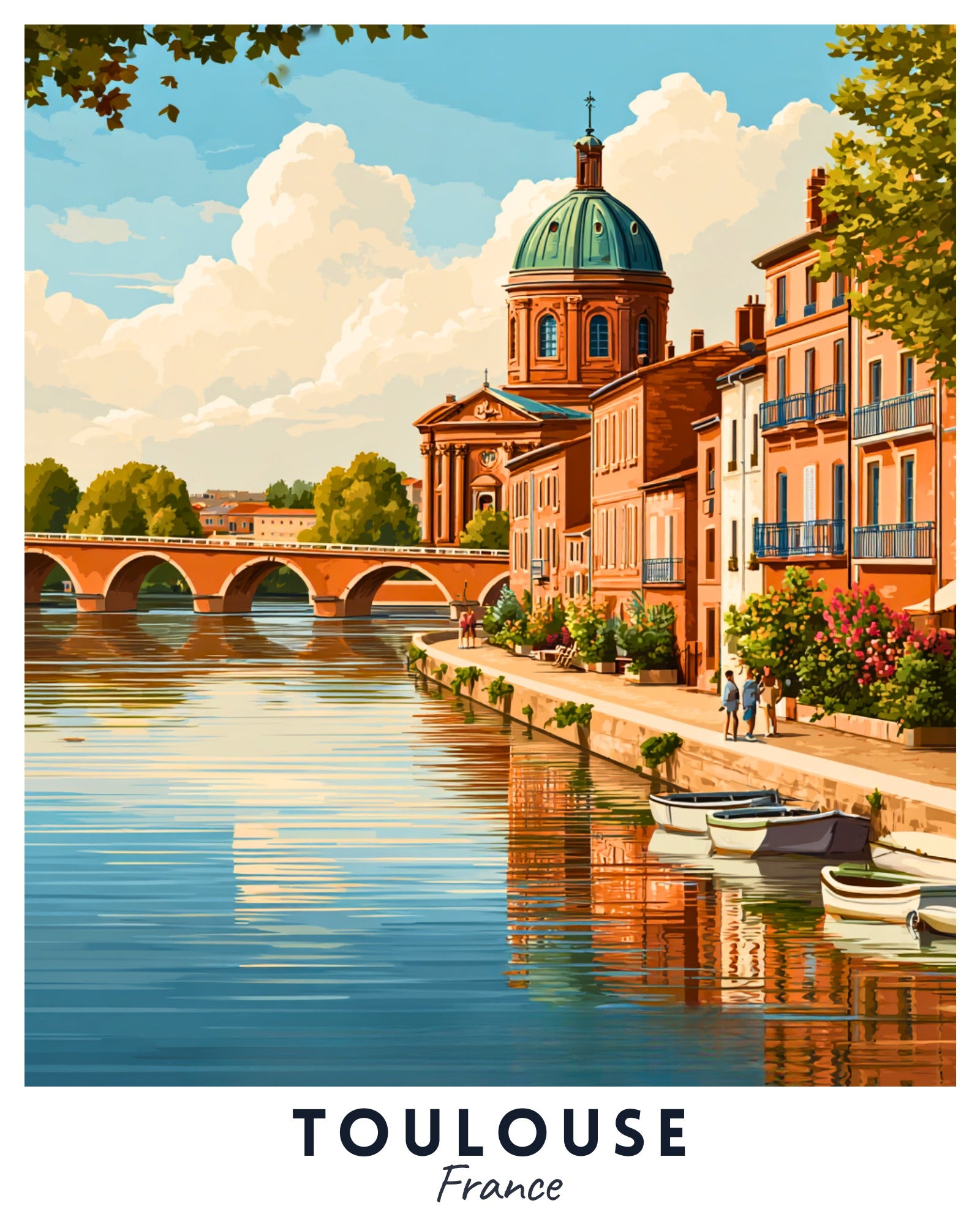 Illustration of a scenic view of Toulouse, France with a river, bridge, and historic building.