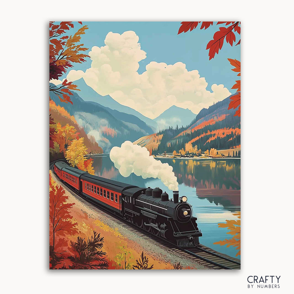 A paint-by-numbers kit depicting a vintage train, autumn foliage, mountains, and a lake.