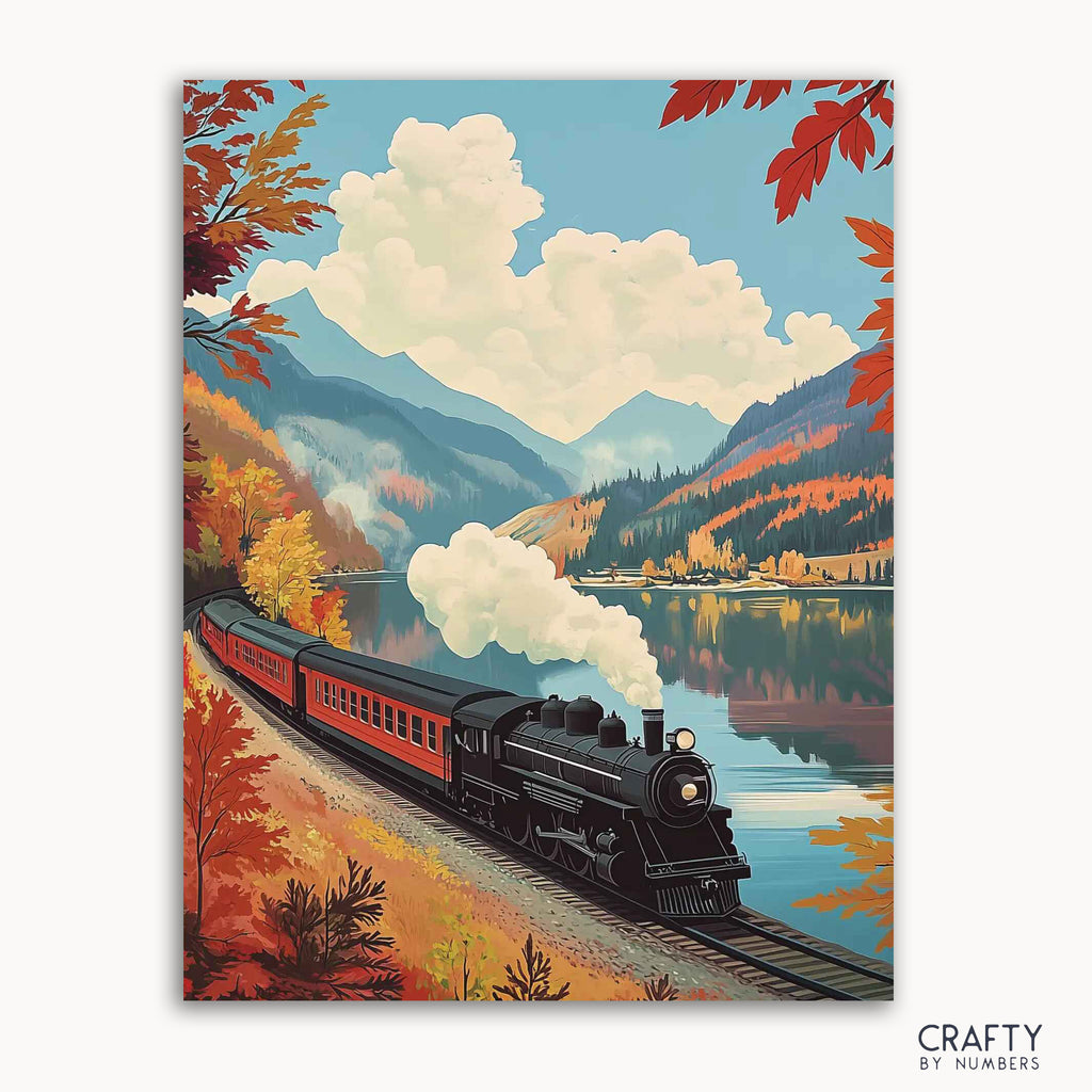 A paint-by-numbers kit depicting a vintage train, autumn foliage, mountains, and a lake.