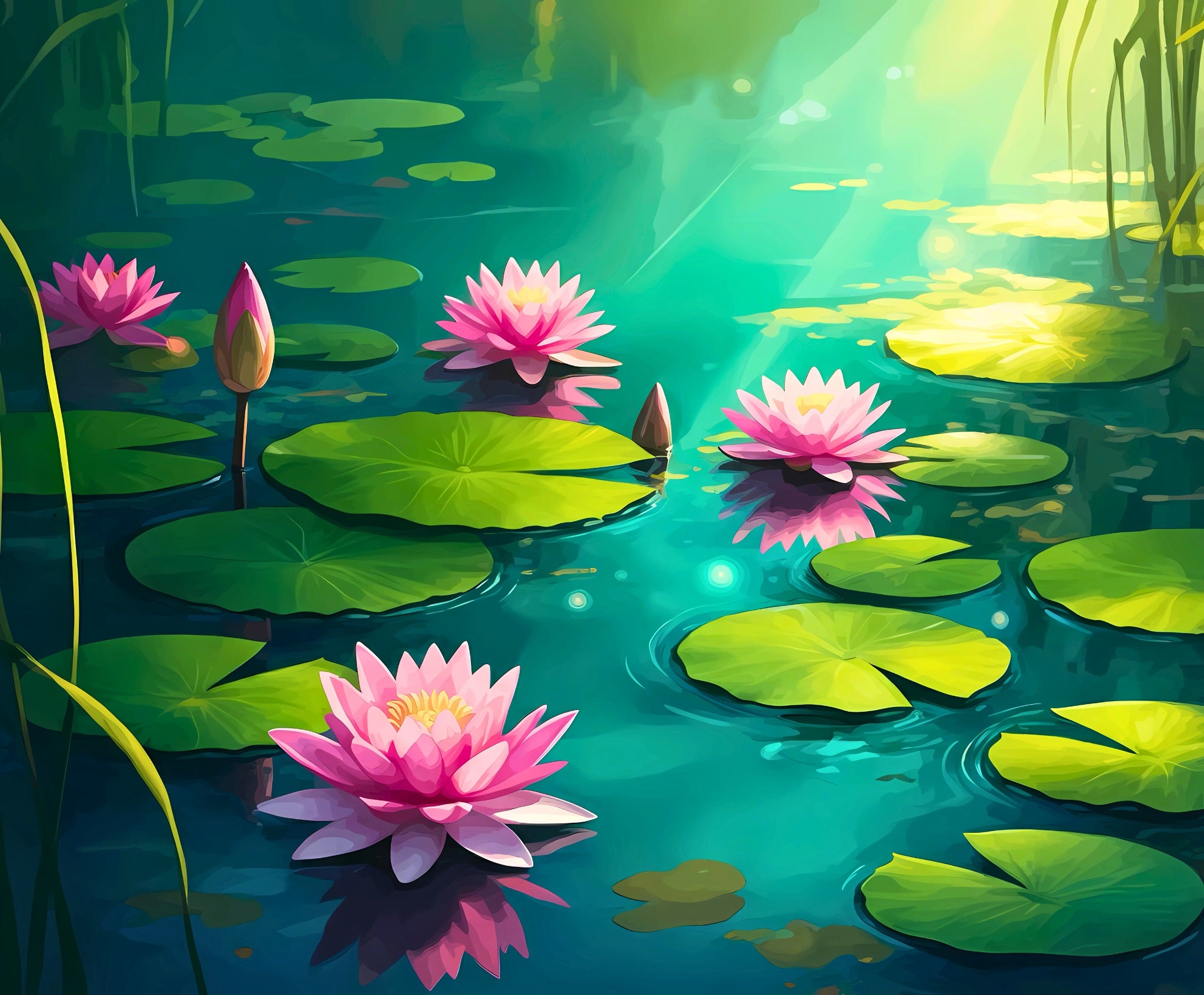 Pink water lilies on a pond with green leaves and sunlight filtering through.