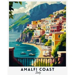 Amalfi Coast travel poster paint by numbers kit with colorful coastal village and ocean view
