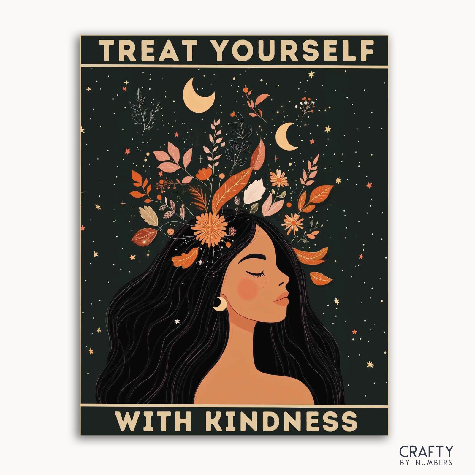 Un kit de peinture par numéros avec un dessin d'un visage de femme aux yeux fermés, orné de fleurs et de croissants de lune, sous un ciel étoilé, avec le texte « TRAITEZ-VOUS AVEC KINDNESS » en haut.