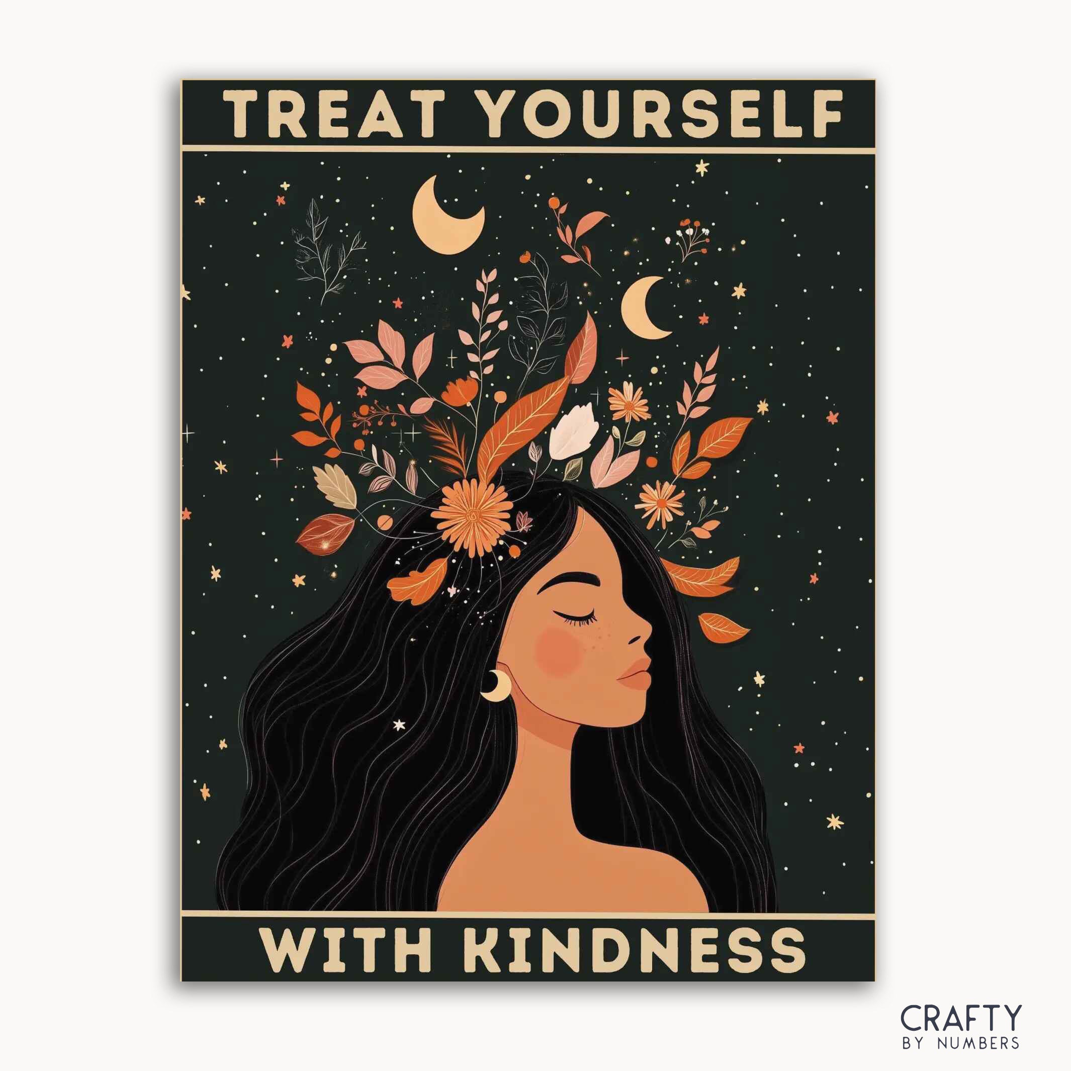 A paint-by-numbers kit with a design of a woman's face with closed eyes, adorned with flowers and crescent moons, under a starry night sky, with the text 'TREAT YOURSELF WITH KINDNESS' at the top.