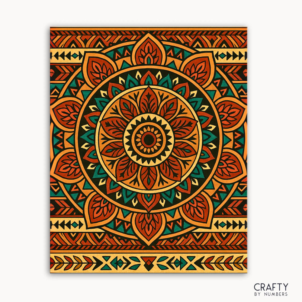 Tribal Sunburst Mandala Paint by Numbers kit featuring a bold mandala design with desert-inspired earthy tones and tribal patterns"