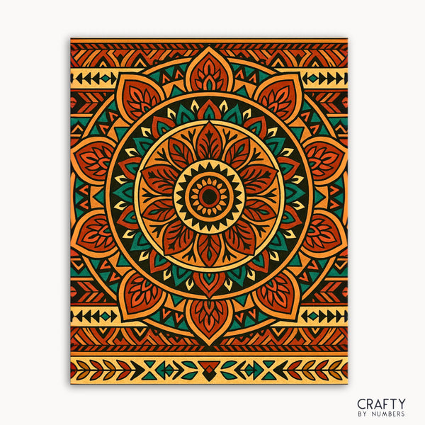 Tribal Sunburst Mandala Paint by Numbers kit featuring a bold mandala design with desert-inspired earthy tones and tribal patterns"