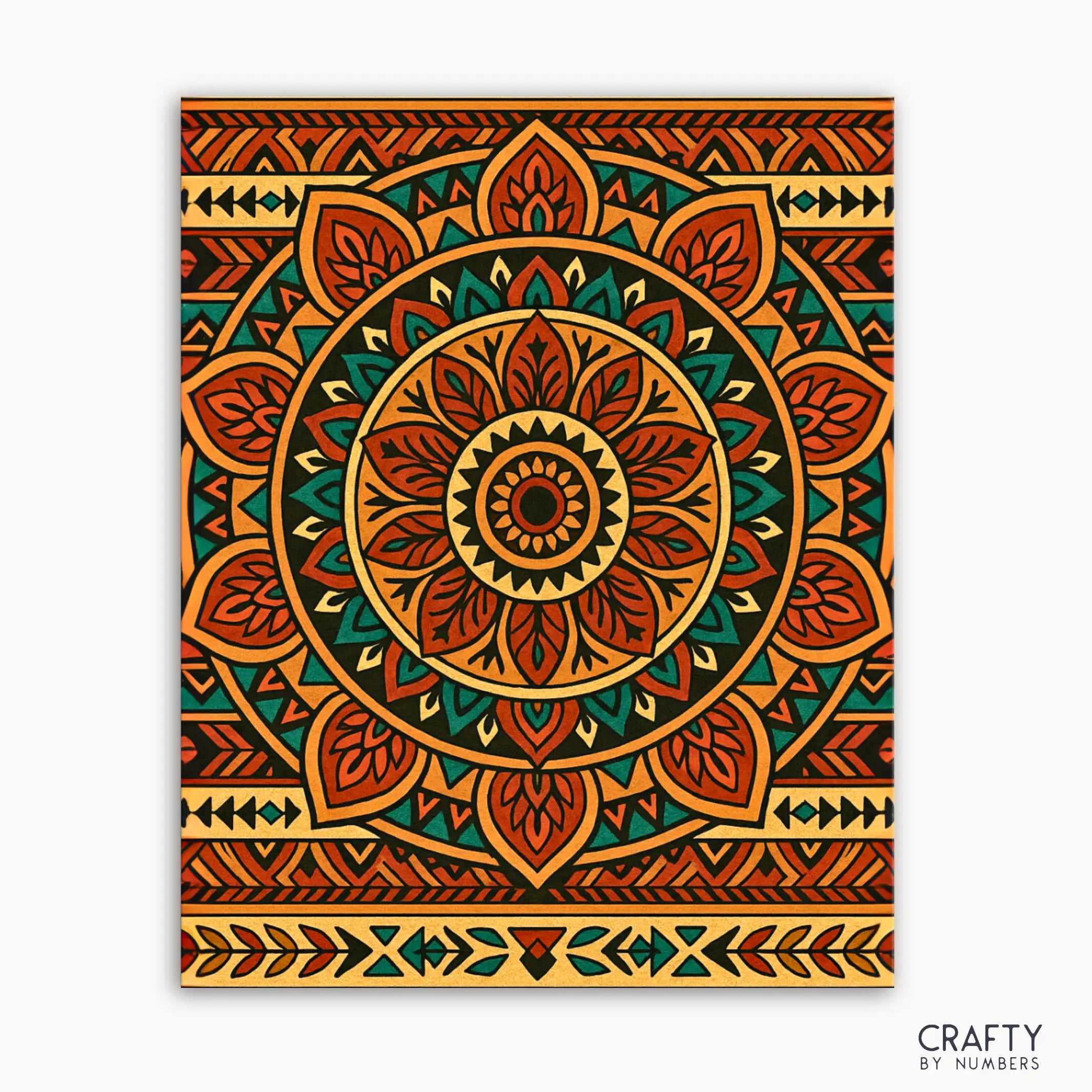 Tribal Sunburst Mandala Paint by Numbers kit featuring a bold mandala design with desert-inspired earthy tones and tribal patterns"