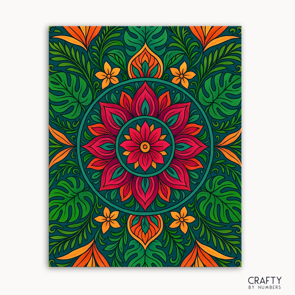 Tropical mandala paint by numbers kit with vibrant colors for relaxing DIY art and meditation painting.