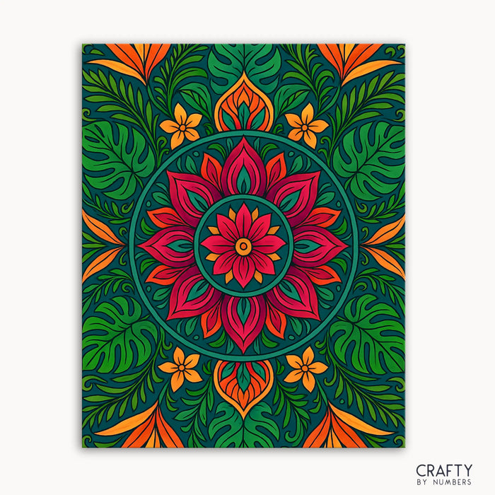 Tropical mandala paint by numbers kit with vibrant colors for relaxing DIY art and meditation painting.