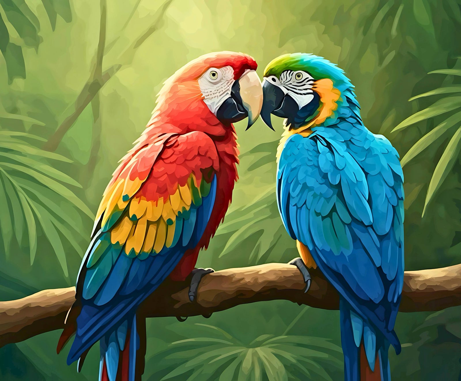 Deux perroquets colorés sur une branche avec un fond vert feuillu