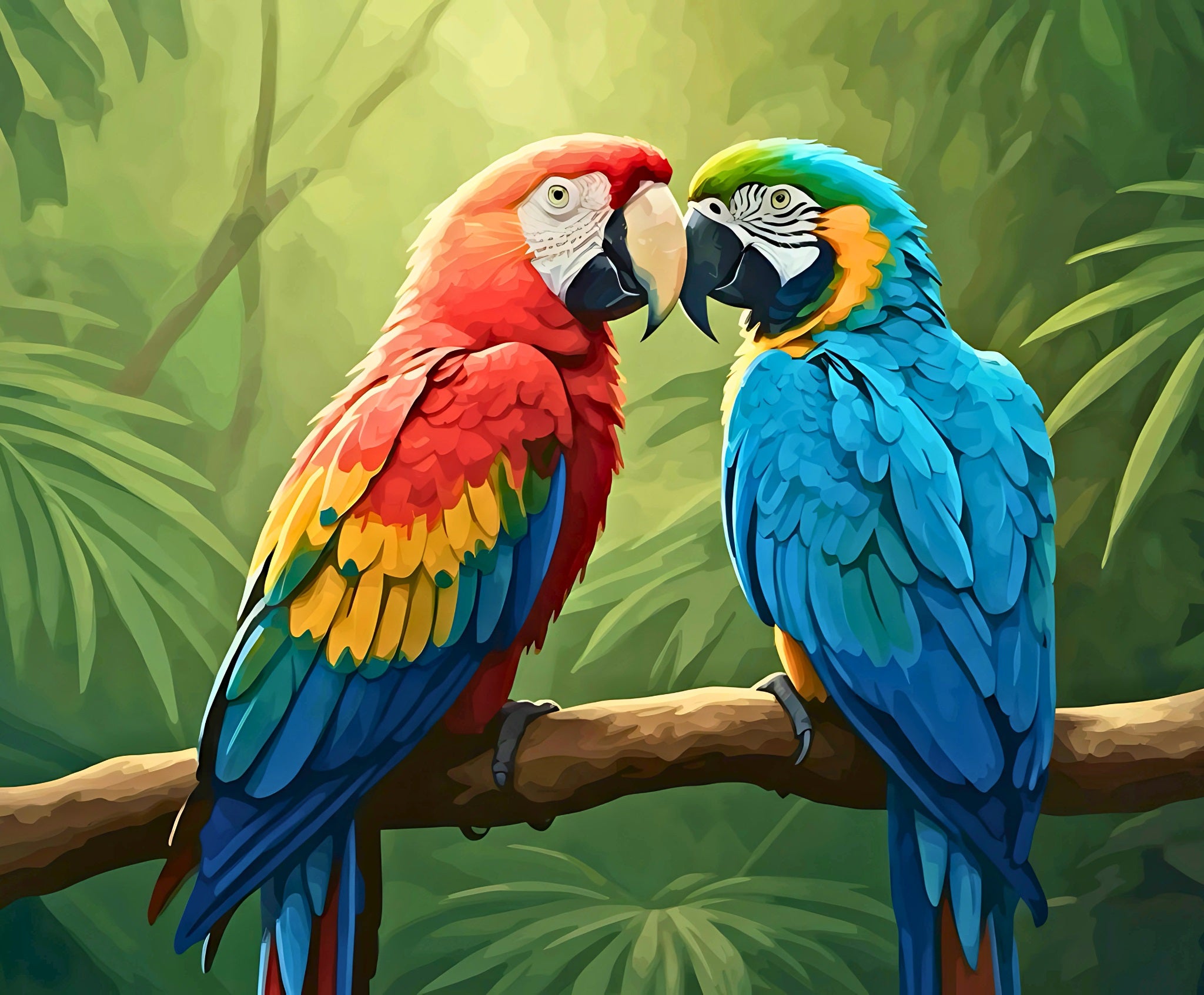 Two colorful parrots on a branch with a green leafy background