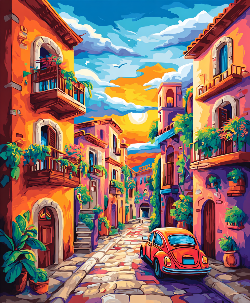 Colorful street scene with buildings and a vintage car