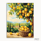A paint-by-numbers kit depicting a vibrant scene with lemons hanging from a tree and a basket filled with lemons on a bench, set against a backdrop of a lush green landscape and blue sky.