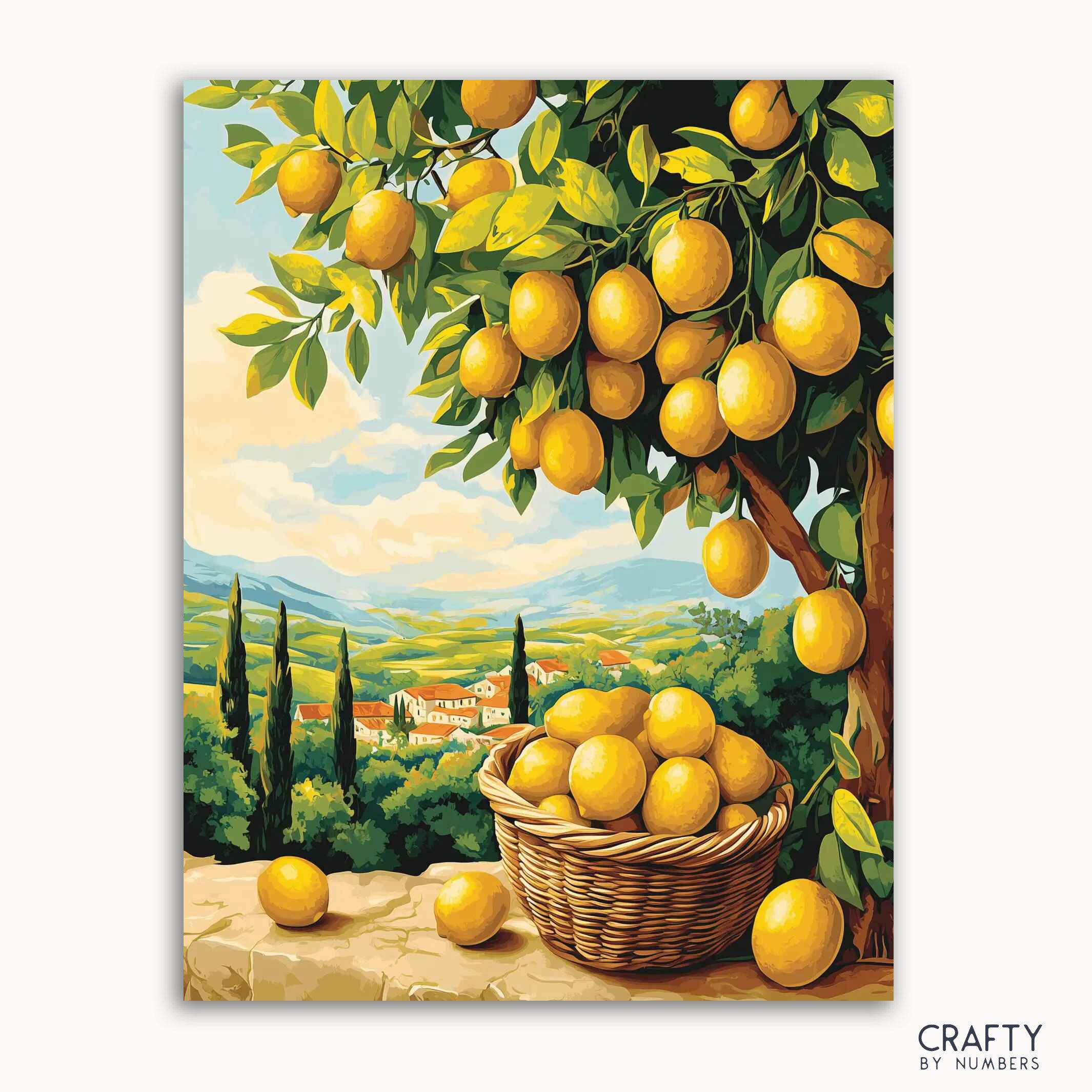 A paint-by-numbers kit depicting a vibrant scene with lemons hanging from a tree and a basket filled with lemons on a bench, set against a backdrop of a lush green landscape and blue sky.