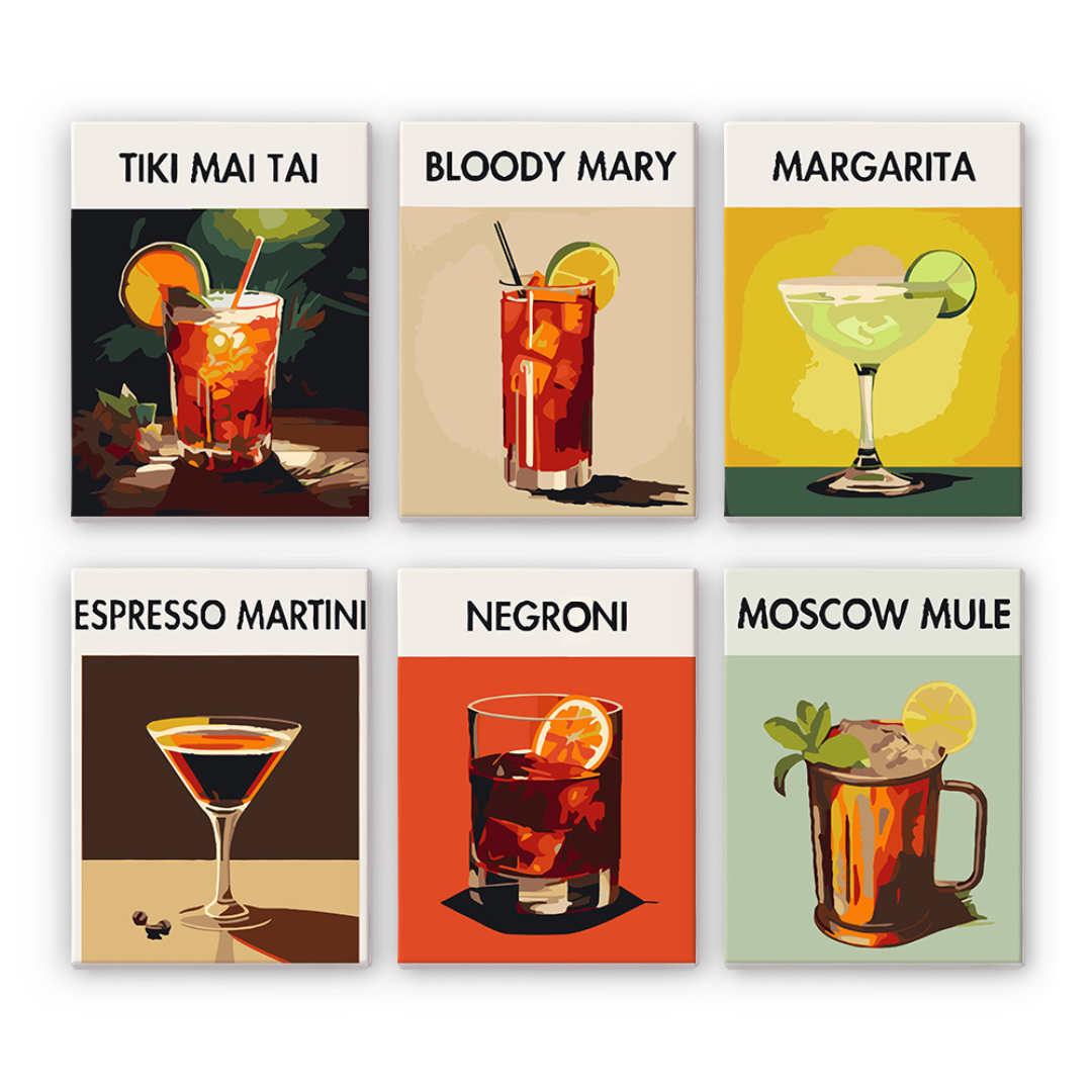 A set of six paint-by-numbers art kits with illustrations of various cocktails including a Tiki Mai Tai, Bloody Mary, Margarita, Espresso Martini, Negroni, and Moscow Mule.