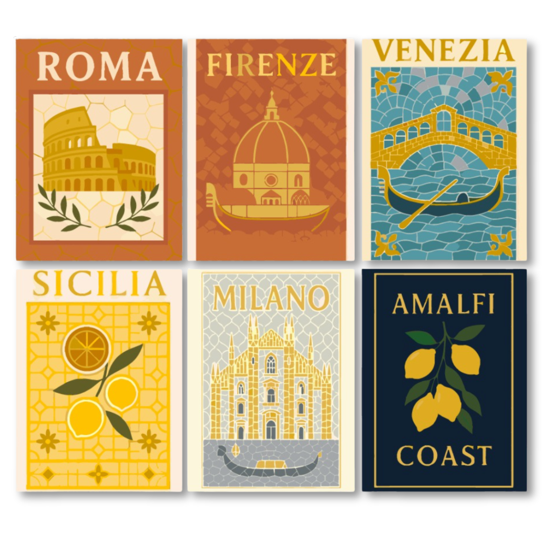 Set of six travel-themed posters featuring Italian cities and landmarks.