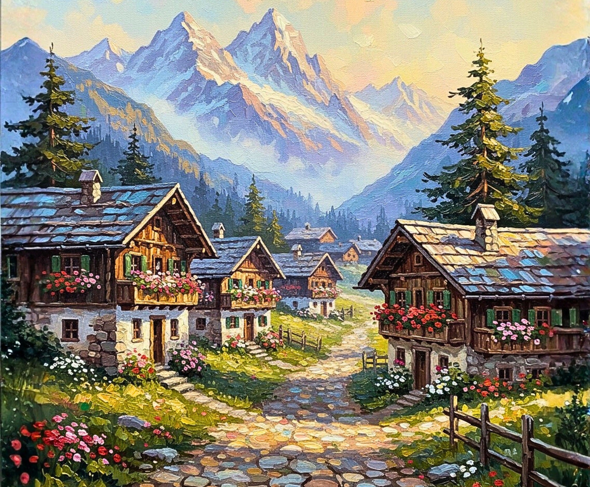Painting of a picturesque village with wooden houses, flowers, and mountains.