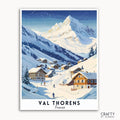 A travel poster depicting a snowy alpine village, Val Thorens, France, with the village surrounded by mountains covered in snow.