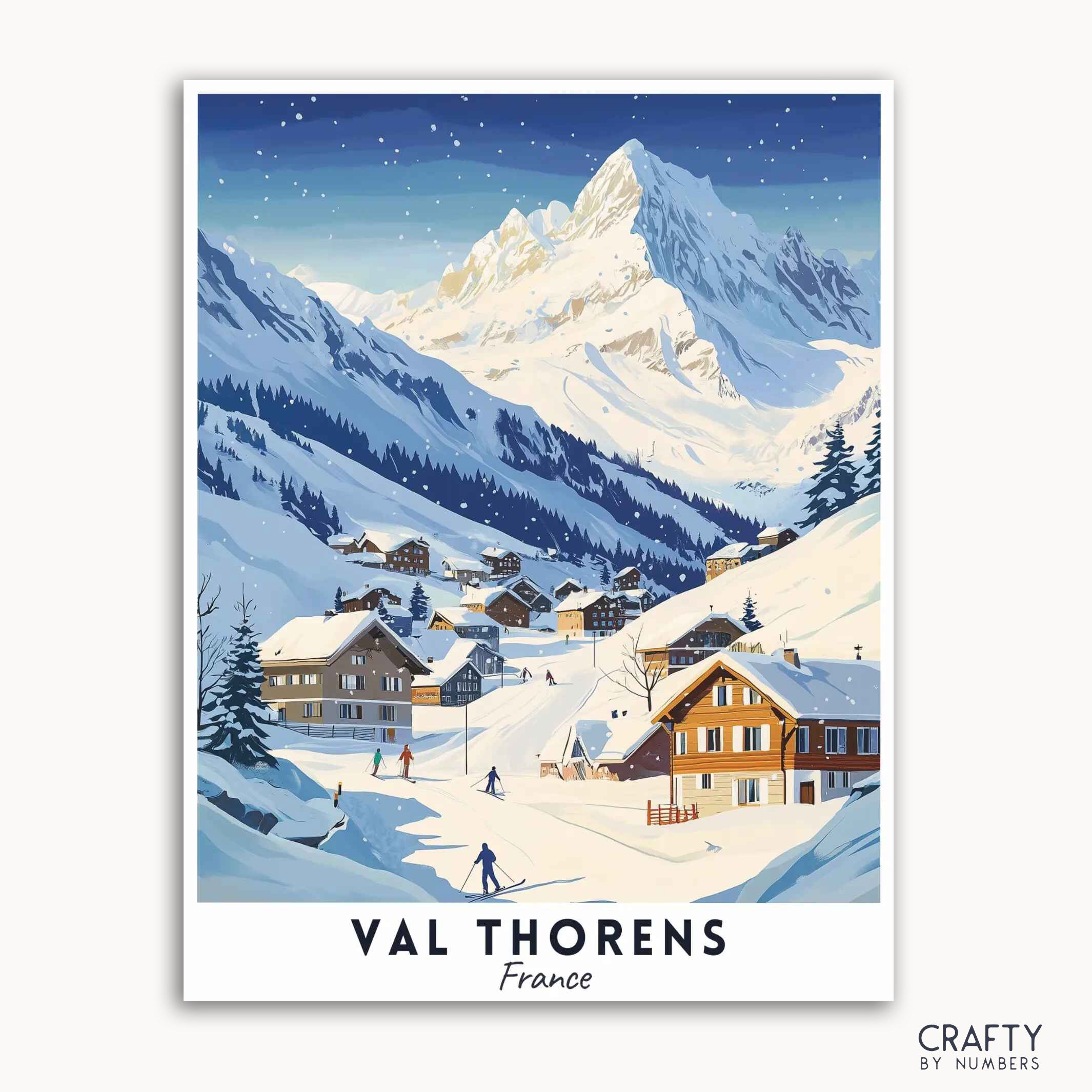 A travel poster depicting a snowy alpine village, Val Thorens, France, with the village surrounded by mountains covered in snow.