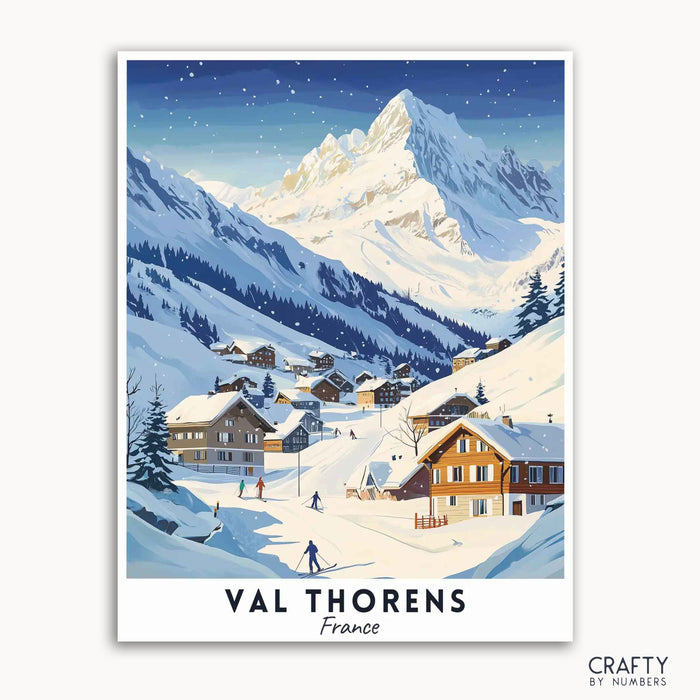 A travel poster depicting a snowy alpine village, Val Thorens, France, with the village surrounded by mountains covered in snow.