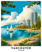 Scenic view of Vancouver with sailboats on the water, skyscrapers, and mountains.