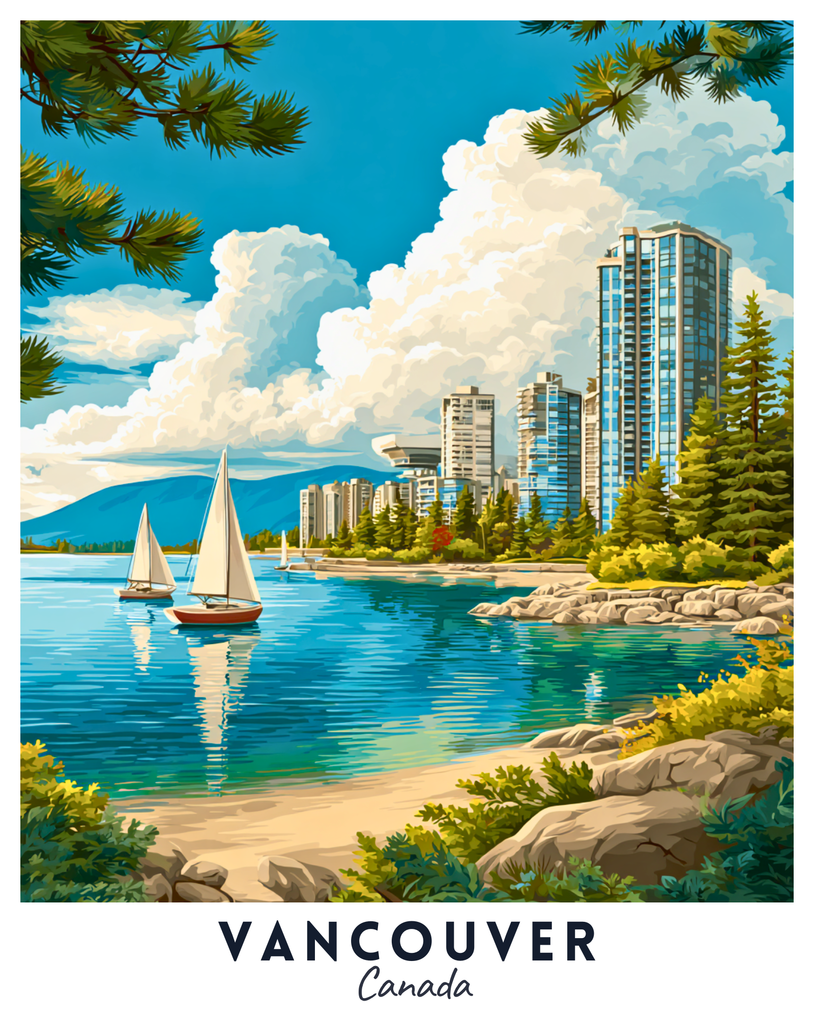 Scenic view of Vancouver with sailboats on the water, skyscrapers, and mountains.