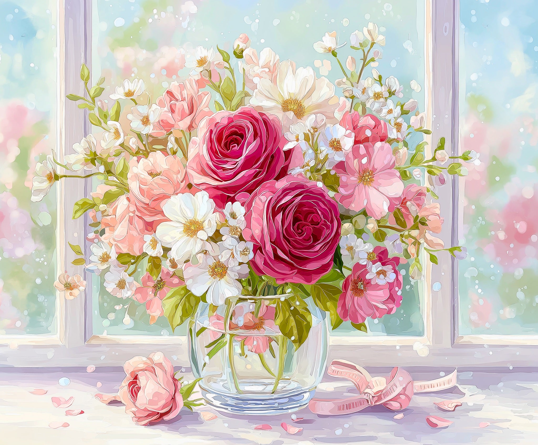Bouquet of pink and white flowers in a glass vase with a window in the background