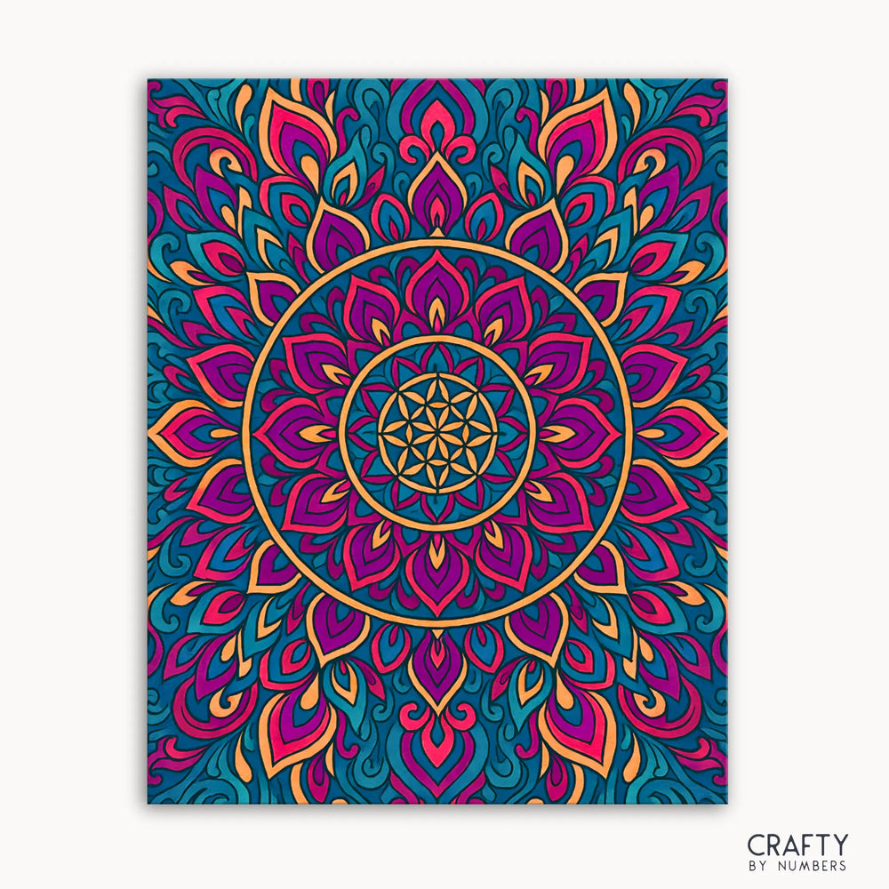 Velvet Radiance Mandala Paint by Numbers kit featuring a lush mandala with jewel-toned fuchsias, teal waves, and golden accents creating an elegant and calming design
