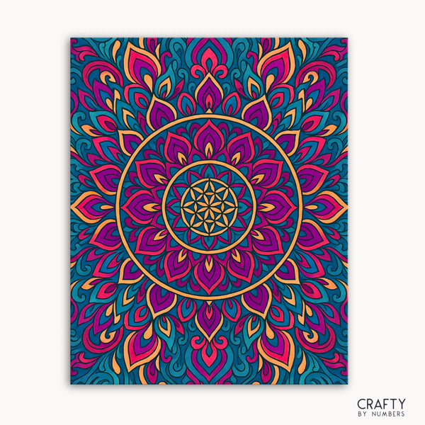 Velvet Radiance Mandala Paint by Numbers kit featuring a lush mandala with jewel-toned fuchsias, teal waves, and golden accents creating an elegant and calming design