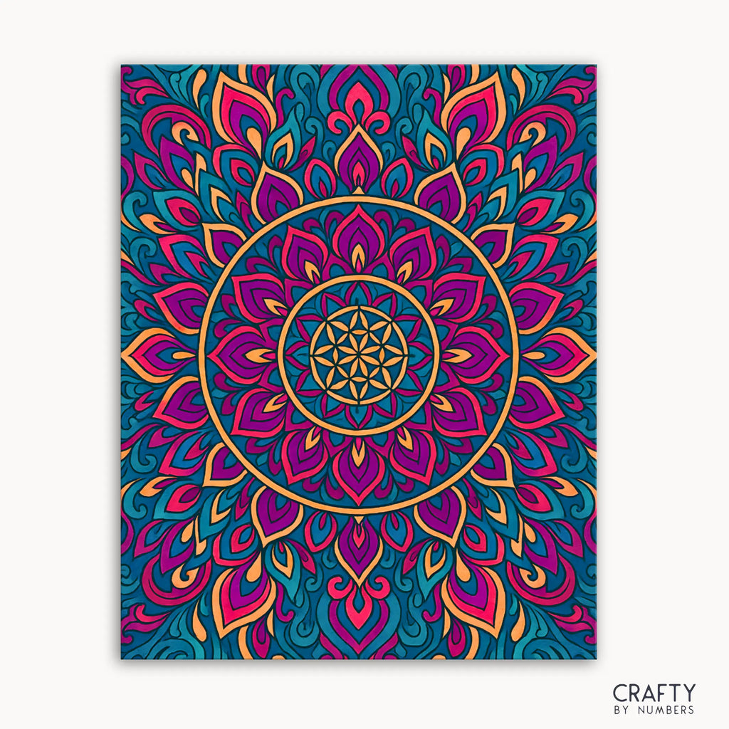 Velvet Radiance Mandala Paint by Numbers kit featuring a lush mandala with jewel-toned fuchsias, teal waves, and golden accents creating an elegant and calming design