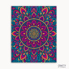 Velvet Radiance Mandala Paint by Numbers kit featuring a lush mandala with jewel-toned fuchsias, teal waves, and golden accents creating an elegant and calming design