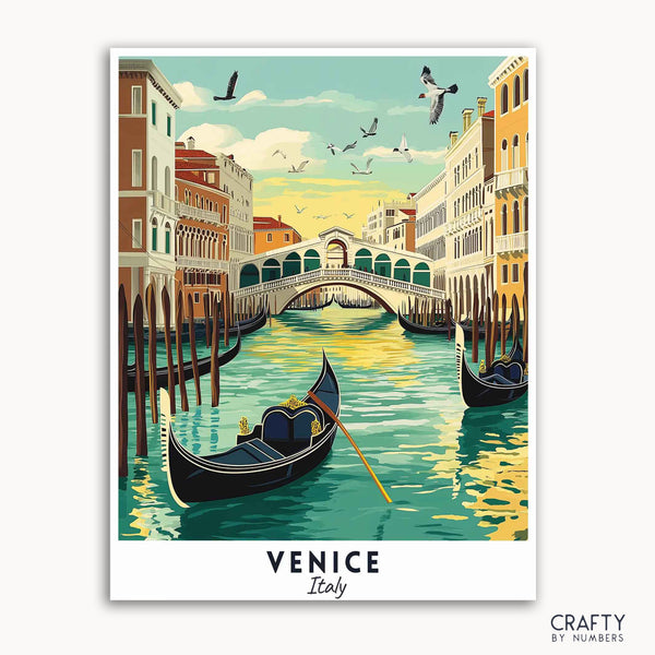 A vibrant travel poster depicting the Grand Canal in Venice with gondolas and the Rialto Bridge, surrounded by colorful buildings and birds in flight.