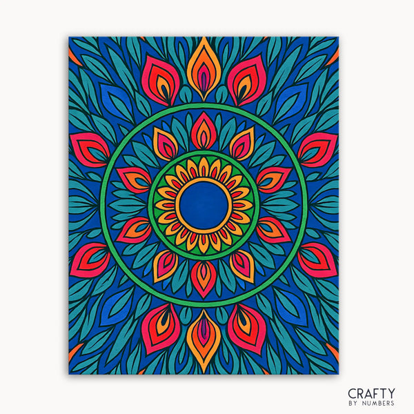 Verdant Fire Mandala Paint by Numbers kit featuring a vibrant mandala with deep leafy greens, rich blues, and fiery bursts of red and orange blending calm and energy