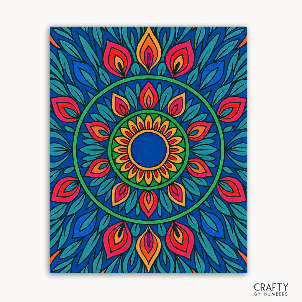 Verdant Fire Mandala Paint by Numbers kit featuring a vibrant mandala with deep leafy greens, rich blues, and fiery bursts of red and orange blending calm and energy