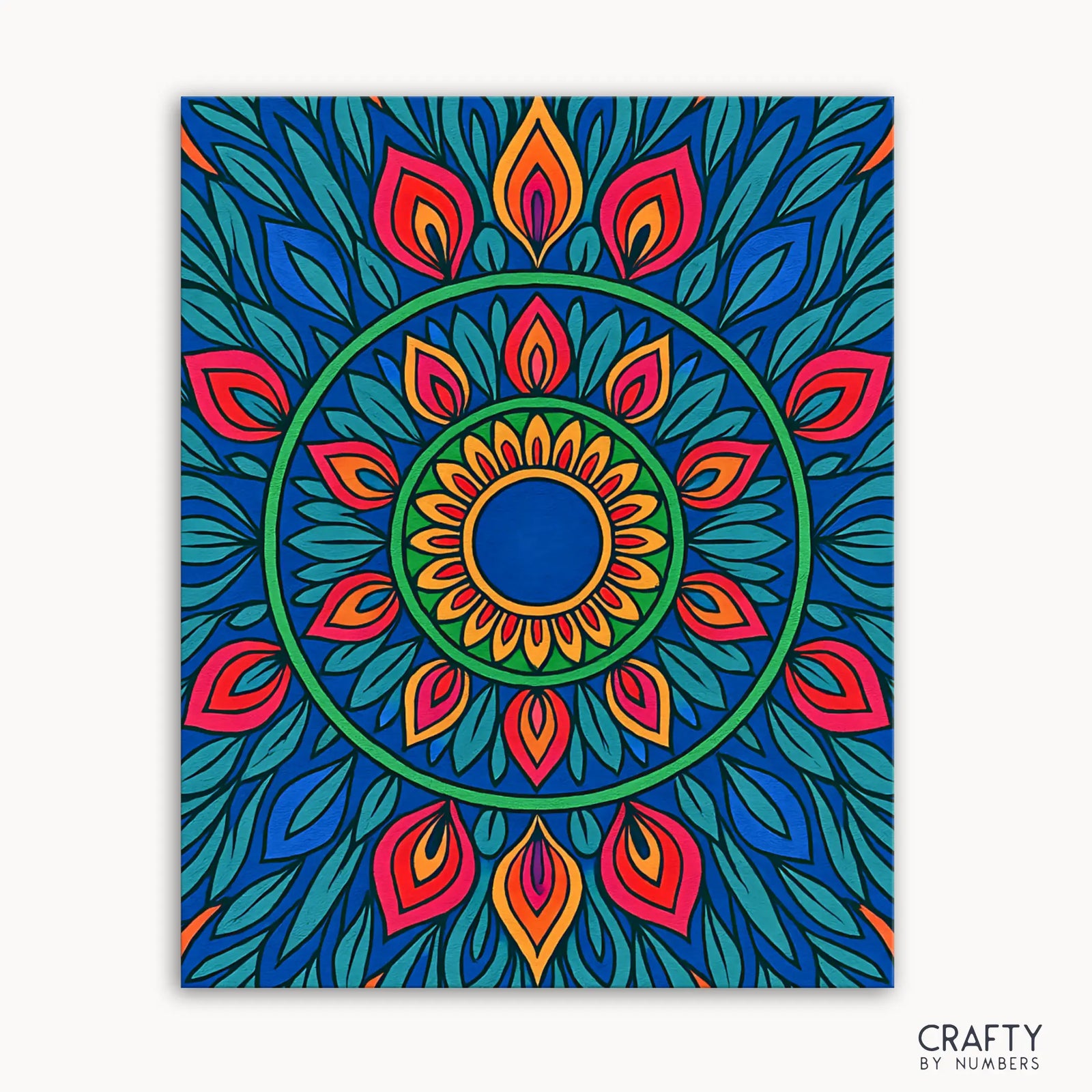 Kit de peinture par numéros Verdant Fire Mandala comprenant un mandala vibrant avec des feuilles vertes profondes, des bleus riches et des éclats enflammés de rouge et d'orange mêlant calme et énergie.