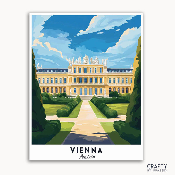 A travel poster depicting the Schönbrunn Palace in Vienna, Austria, with a beautiful blue sky and lush green gardens.