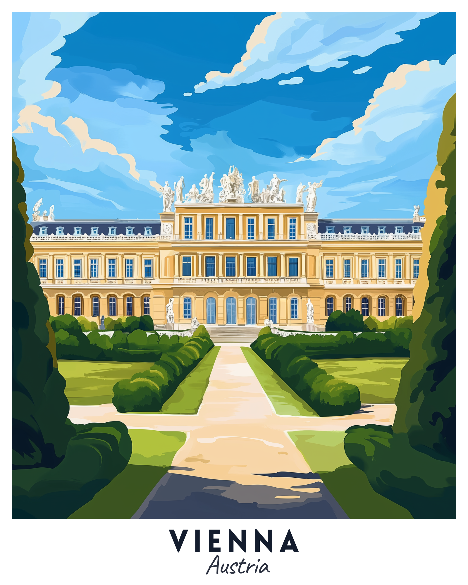 A paint by numbers kit depicting a travel poster of Vienna, Austria, with the iconic Schönbrunn Palace and a clear blue sky.