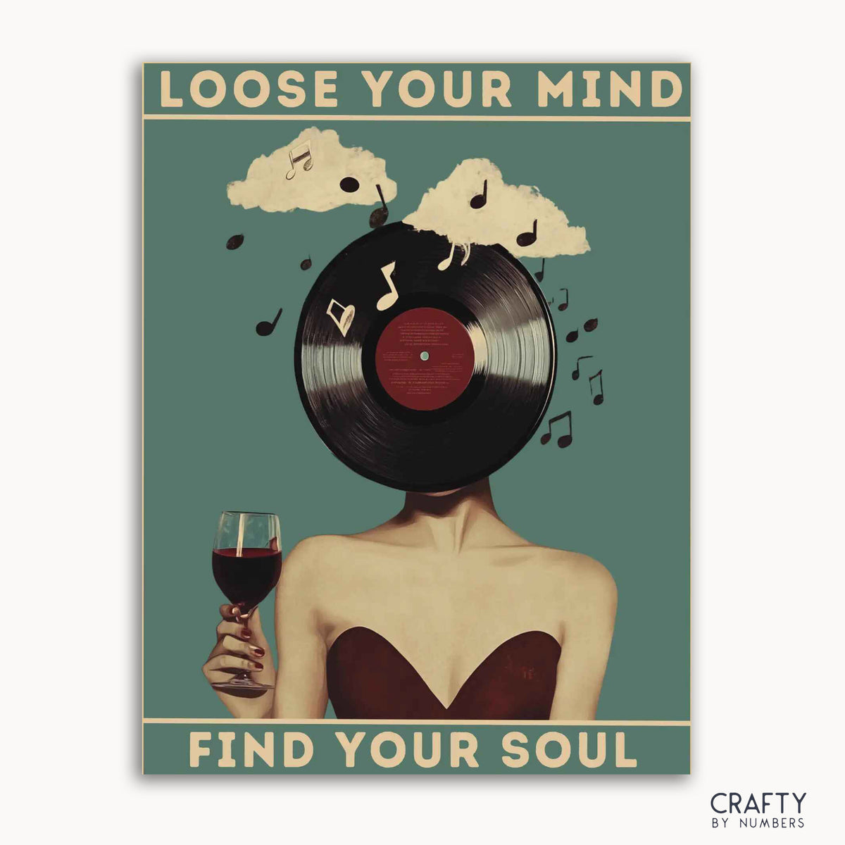 Ein Malen-nach-Zahlen-Set mit skurrilem Design, das eine Person mit einer Schallplatte als Kopf, umgeben von Musiknoten und einem Glas Wein zeigt.