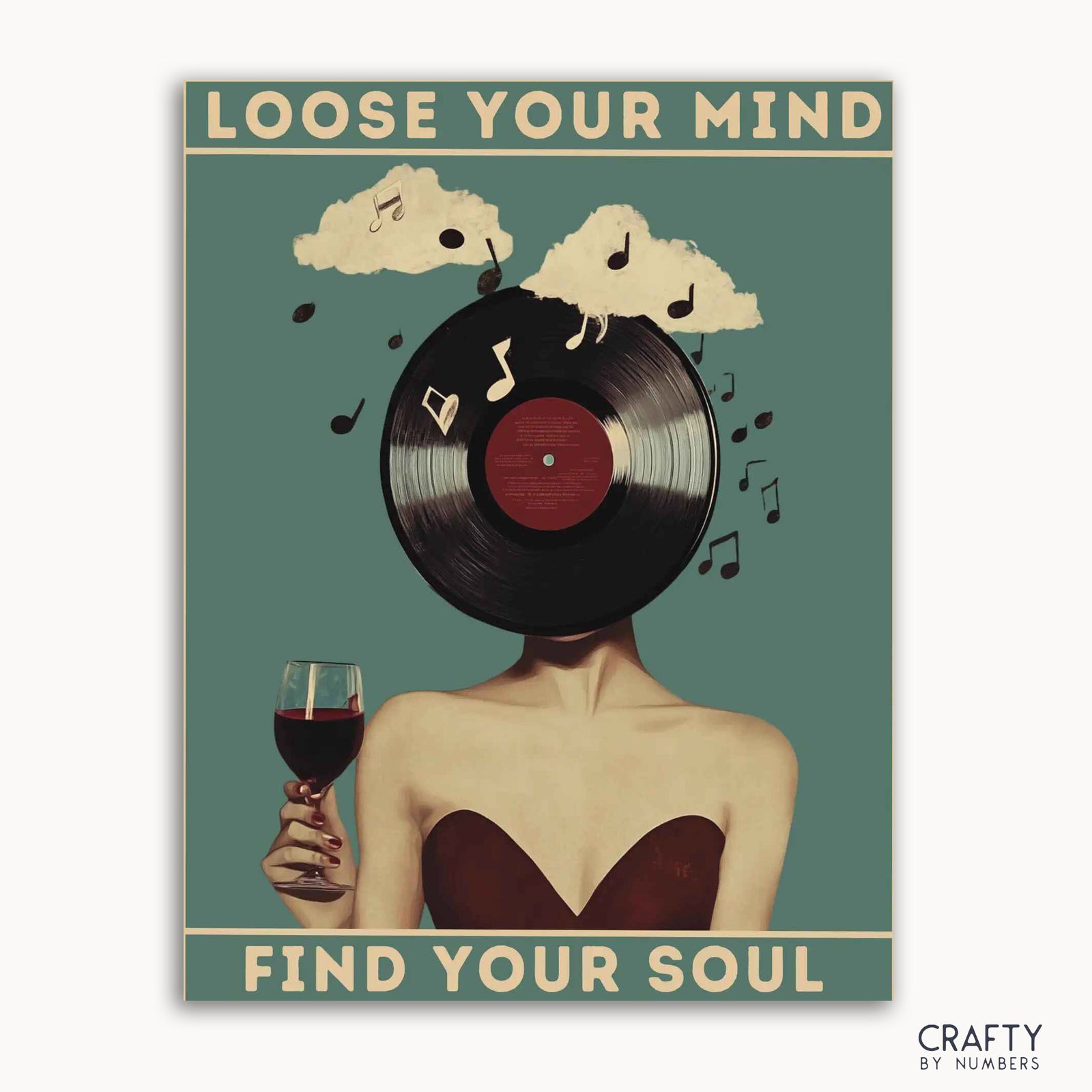 Un kit de pintura por números con un diseño caprichoso en el que aparece una persona con un disco de vinilo por cabeza, rodeada de notas musicales y una copa de vino.