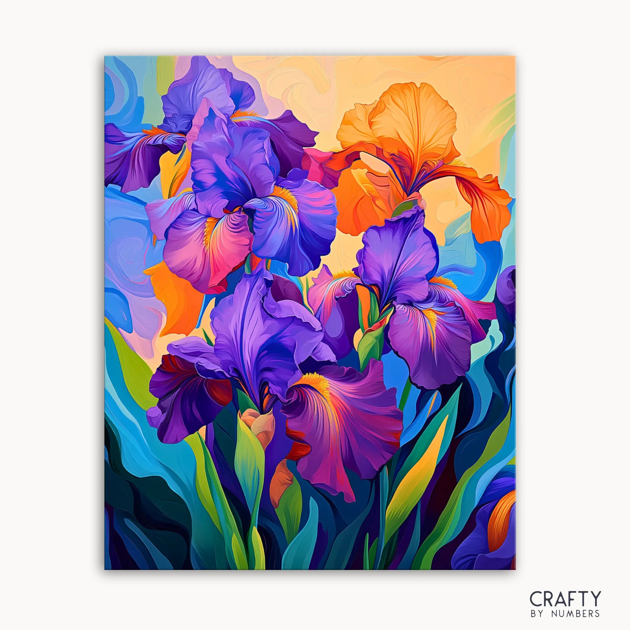 A vibrant painting of irises with deep purples, golden sparks, and lush green leaves on a canvas, with the brand 'CRAFTY NUMBERS' visible at the bottom.