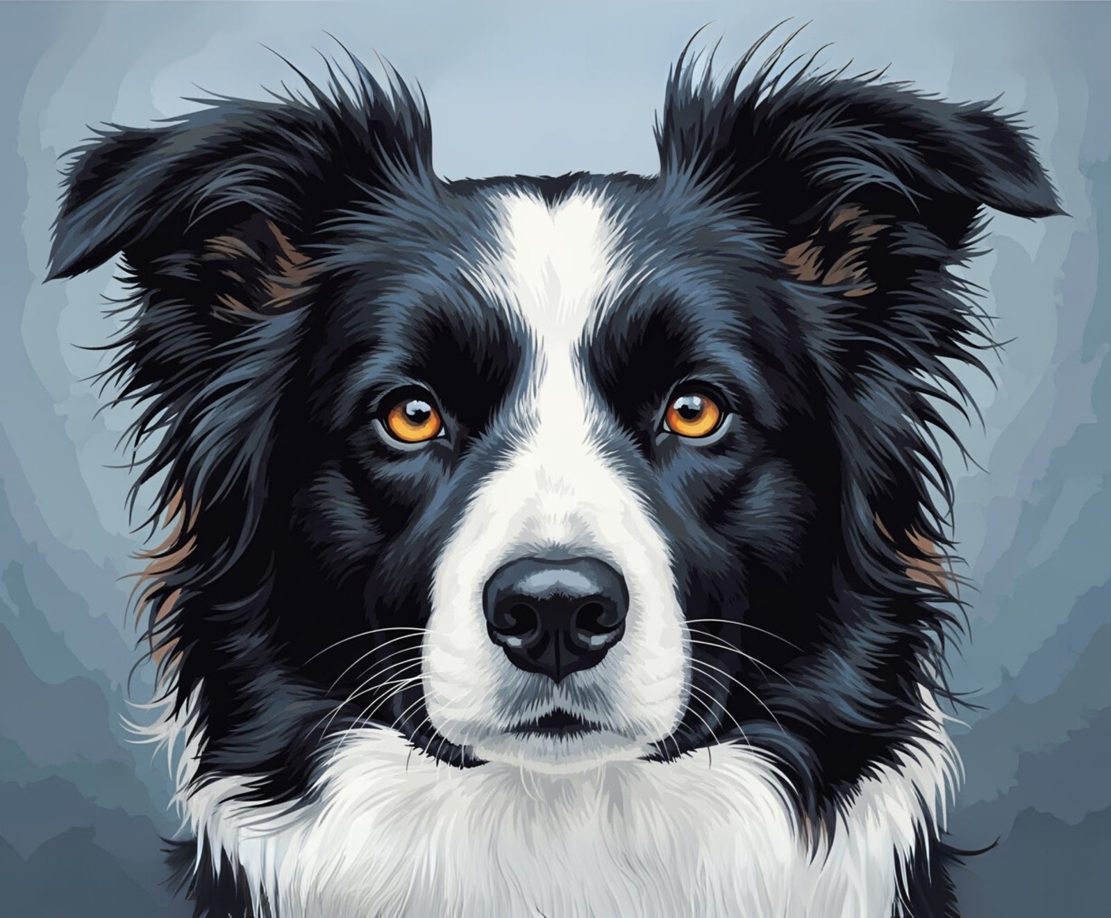 Illustration eines schwarz-weißen Hundes mit orangefarbenen Augen auf grauem Hintergrund