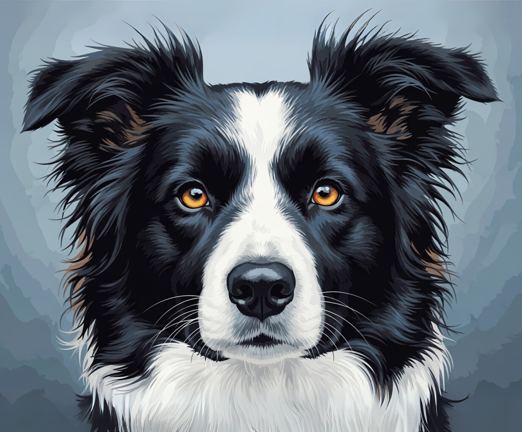 Illustration of a black and white dog with orange eyes on a gray background