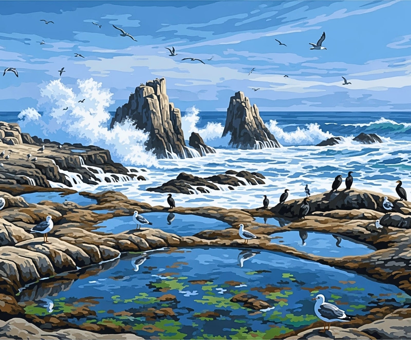 Scène côtière avec rivage rocheux, vagues et oiseaux.