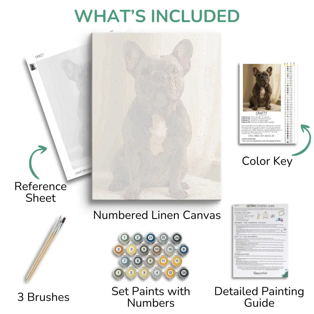 Artistic painting kit components including a reference sheet, linen canvas, brushes, paint set, color key, and detailed painting guide.
