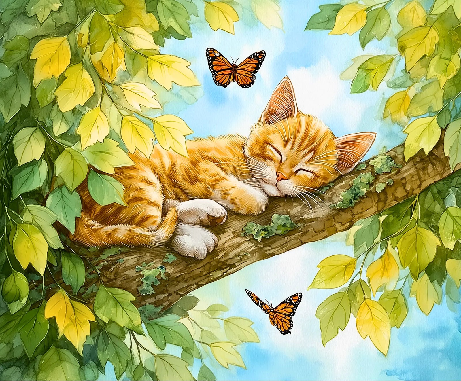 Illustration einer Katze, die auf einem Ast mit Schmetterlingen und Blättern schläft