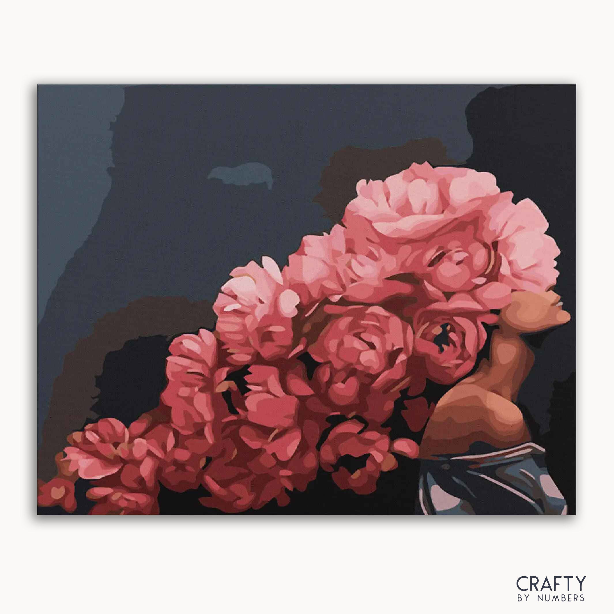 A paint-by-numbers kit image featuring a cluster of lush, velvety roses in varying shades of deep crimson and soft pinks with a moody, dark background.