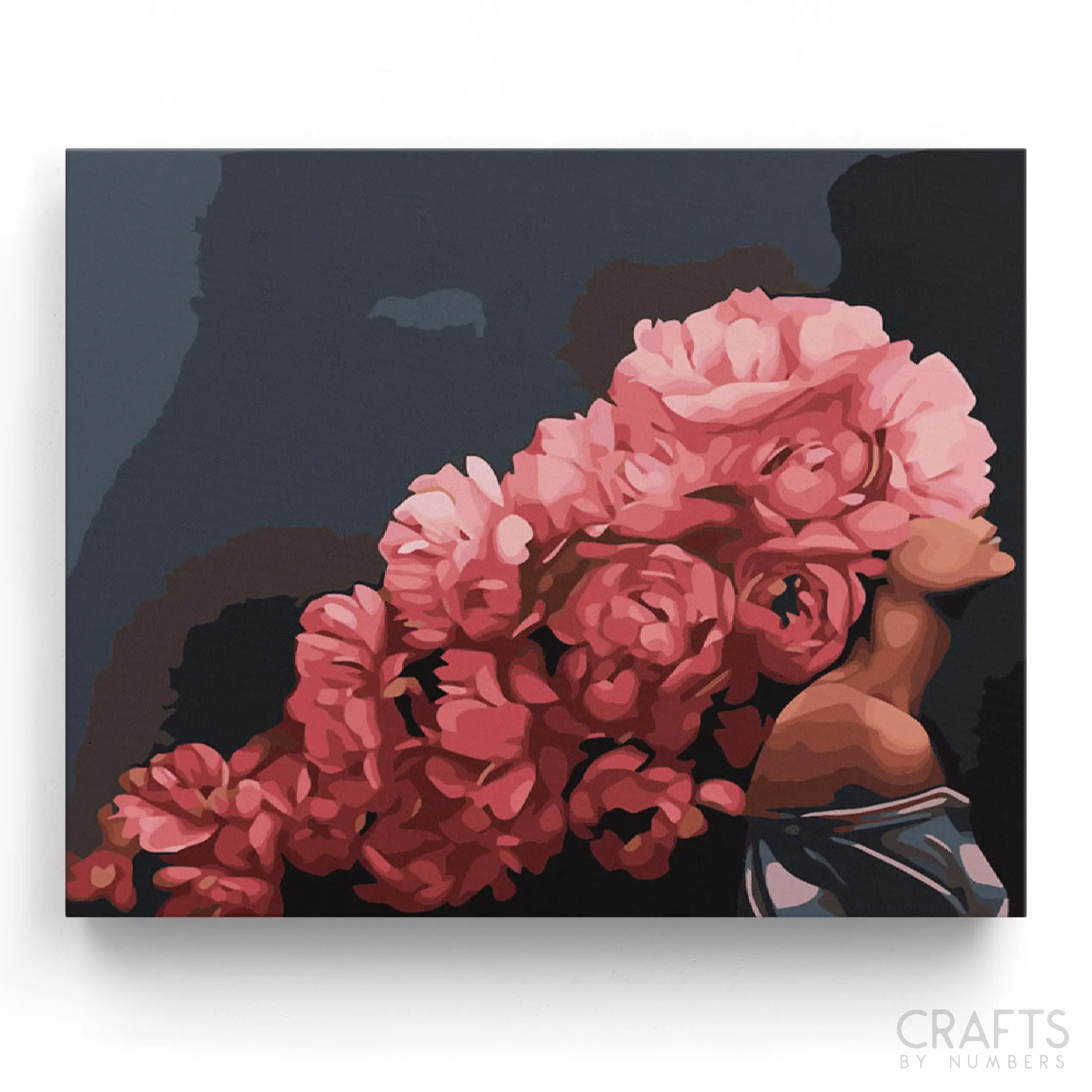 A paint-by-numbers kit depicting a cluster of lush, velvety roses in varying shades of deep crimson and soft pinks with a dark background.
