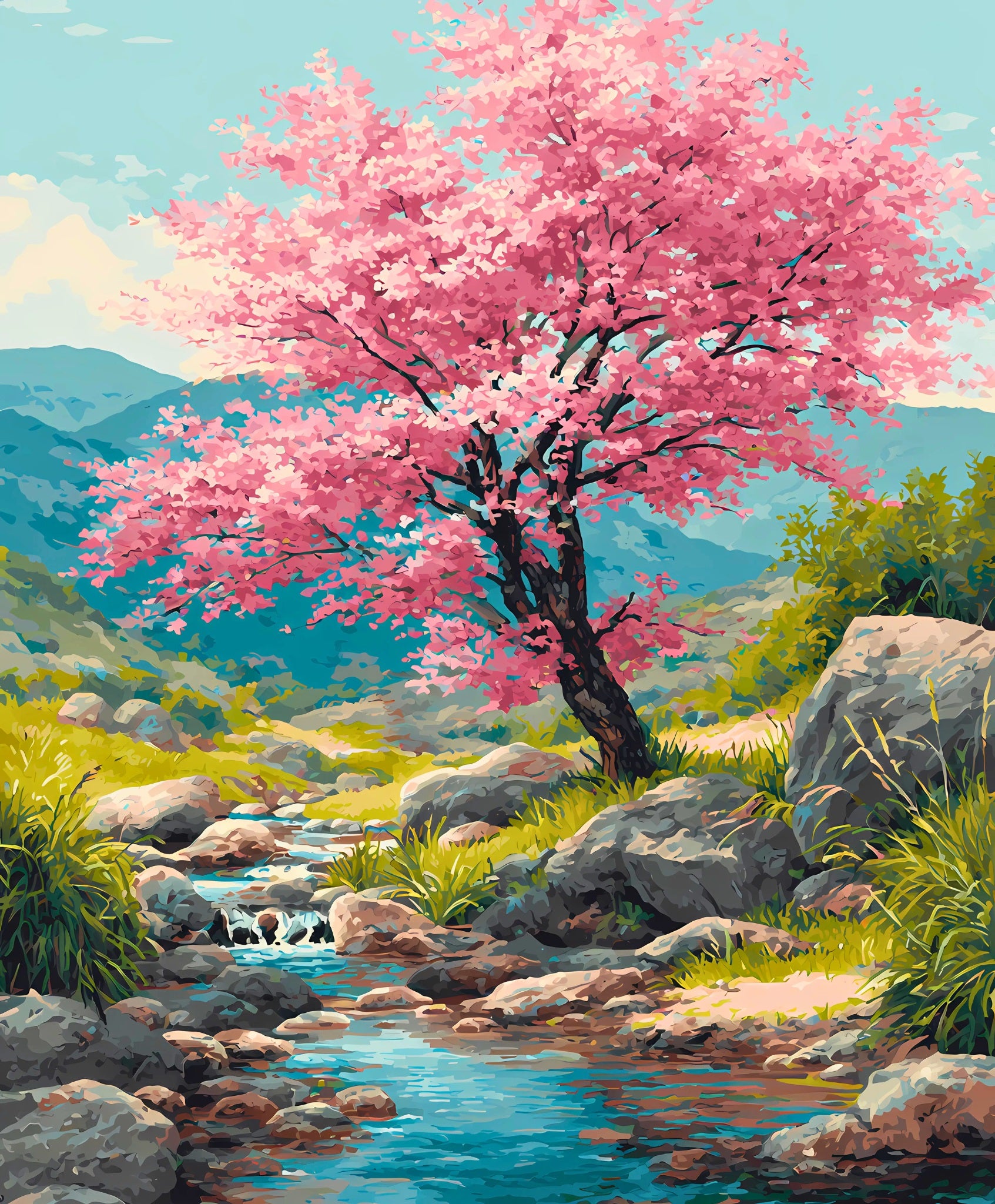 Painting of a cherry blossom tree by a stream with mountains in the background