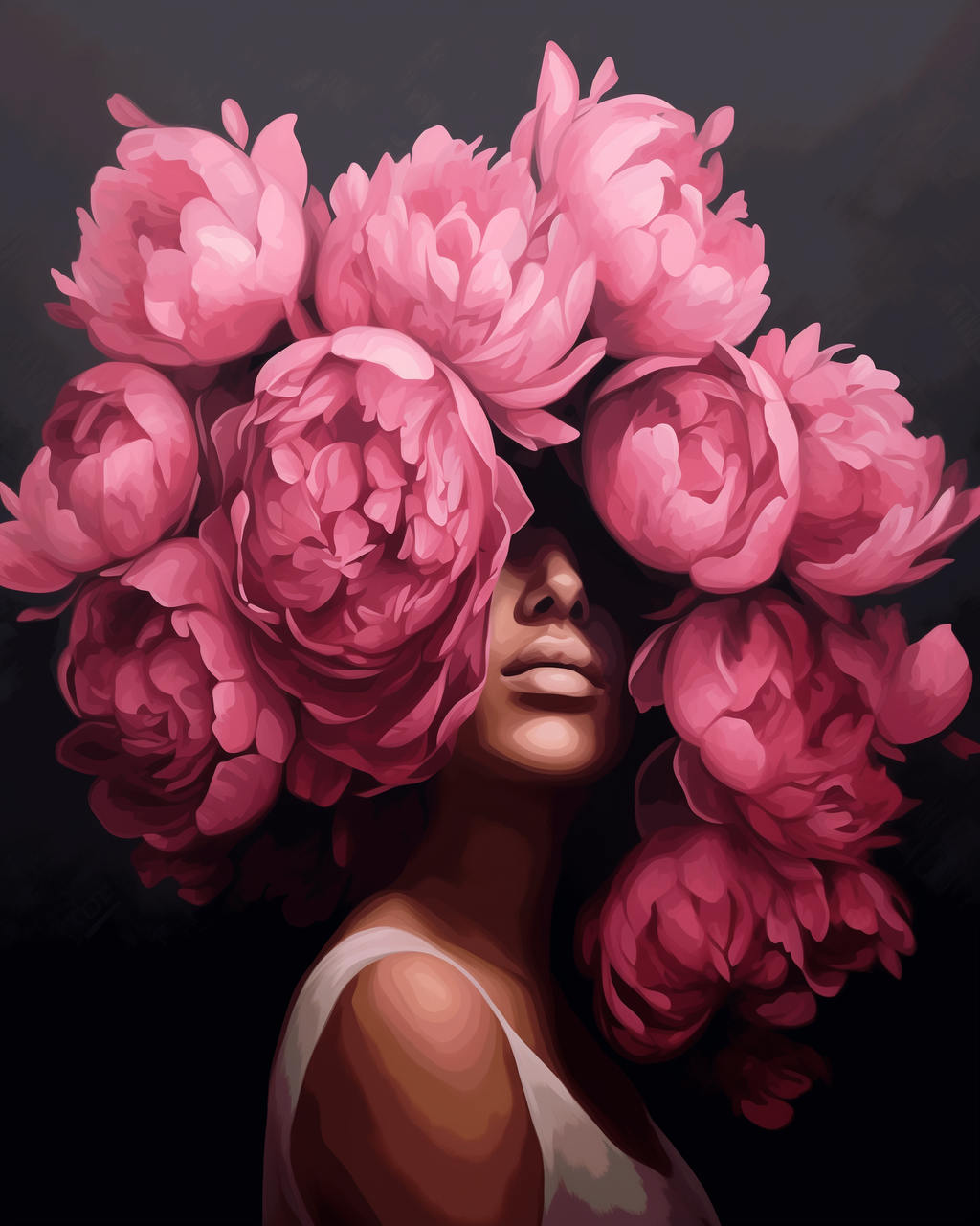 A paint by numbers kit depicting a person with a serene expression, partially covered by large pink peony flowers, set against a dark background.