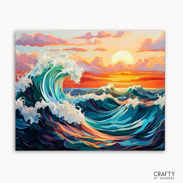 A paint by numbers kit image featuring a vibrant artistic representation of ocean waves with a sunset in the background.